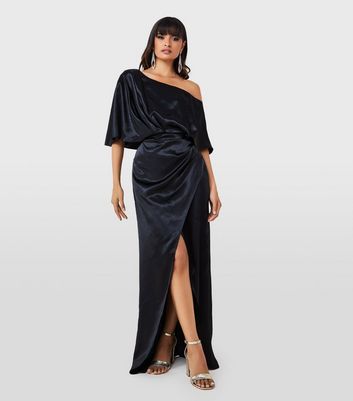 Goddiva Black Satin Drape Shoulder Maxi Wrap Dress