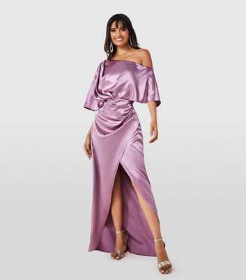 Goddiva Deep Pink Satin Drape Shoulder Maxi Wrap Dress