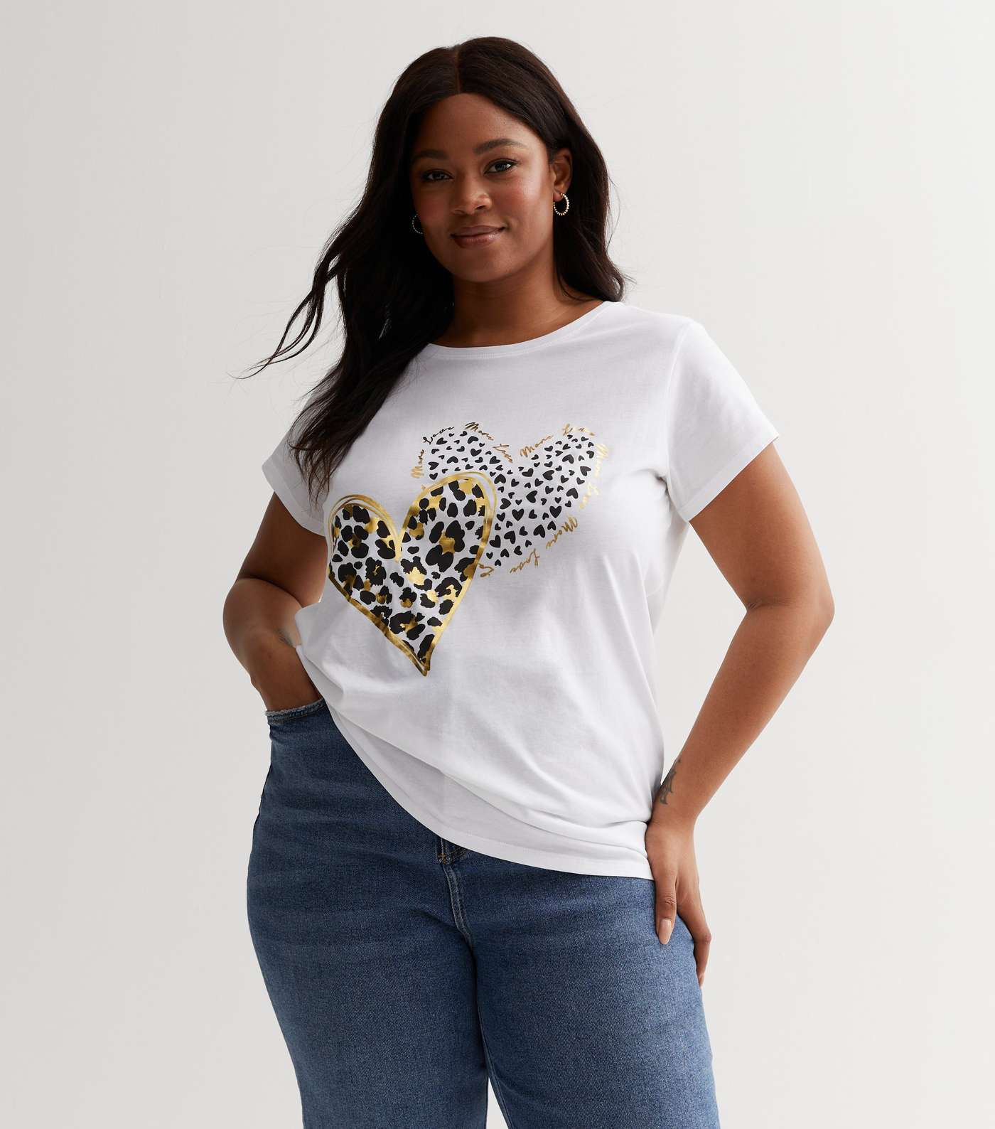 Curves White Heart Animal Print Love Metallic Logo T-Shirt