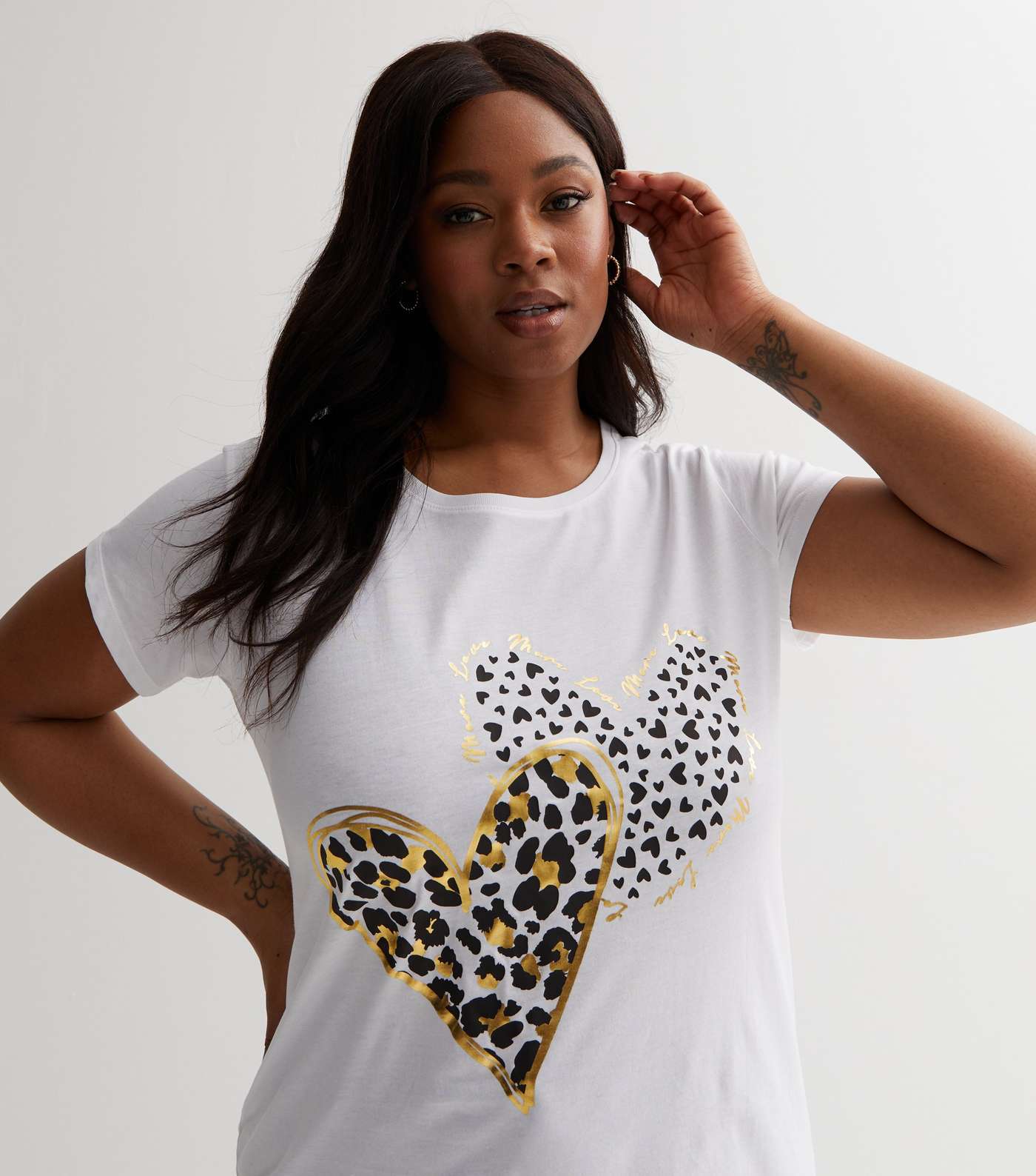 Curves White Heart Animal Print Love Metallic Logo T-Shirt Image 3