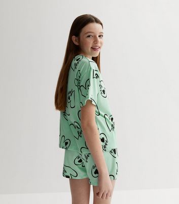 Girls Green Short Pyjama Set with Heart Print New Look