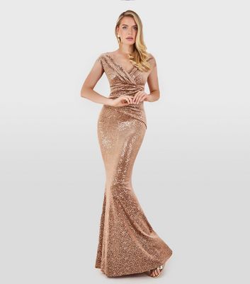 Goddiva Gold Velvet Sequin Embellished Bardot Maxi Dress