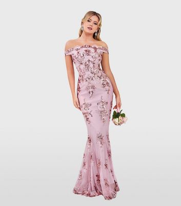 Goddiva Pink Sequin Embroidered Bardot Maxi Dress