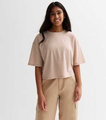 Girls Light Brown Stripe Boxy T-Shirt