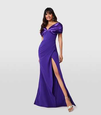Goddiva Purple Scuba Satin Corset Maxi Dress