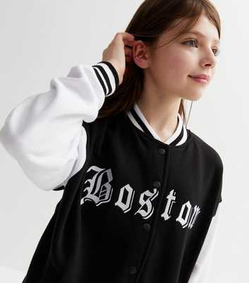 Girls Black Gothic Boston Logo Varsity Bomber Jacket