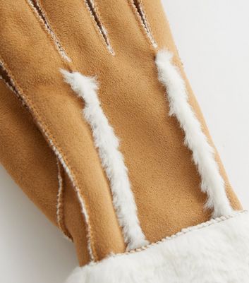 Tan Suedette Shearling Gloves New Look