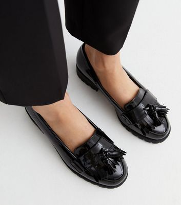 Wide Fit Black Patent Chunky Fringe Loafers New Look