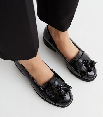 Ladies black patent hot sale loafer shoes