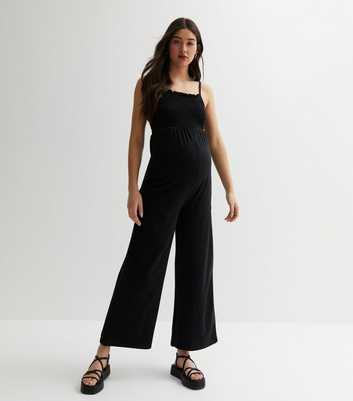 Mamalicious Maternity Black Jersey Shirred Crop Wide Leg Jumpsuit