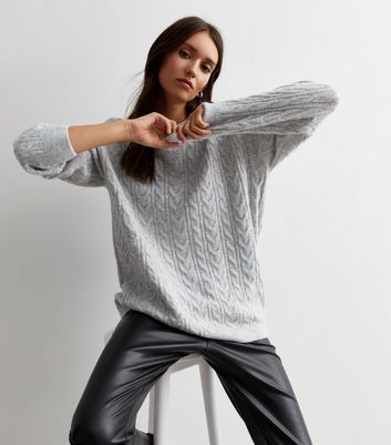 Pale Grey Cable Knit Longline Jumper New Look
