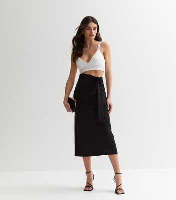 Black Jersey Tie Side Midi Skirt