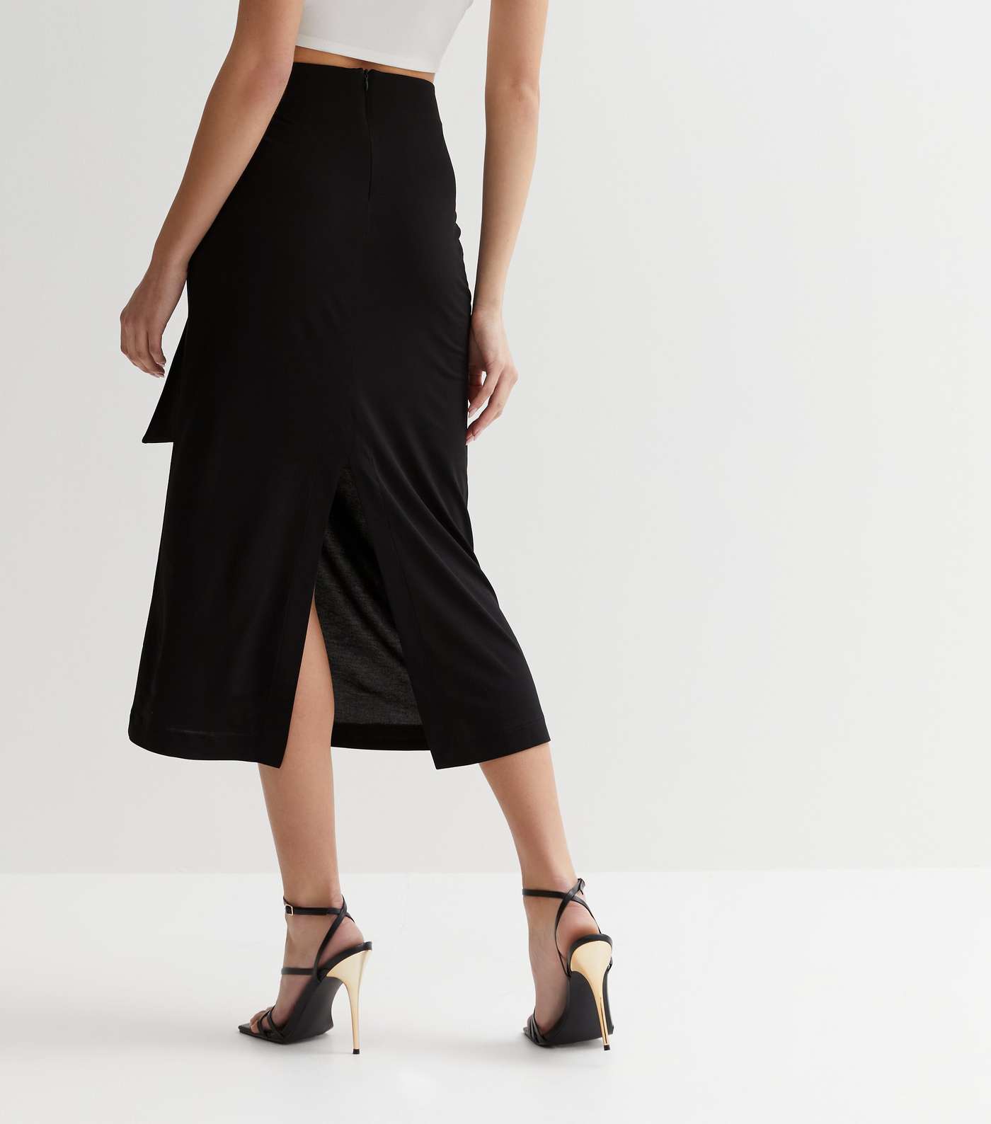 Black Jersey Tie Side Midi Skirt Image 4