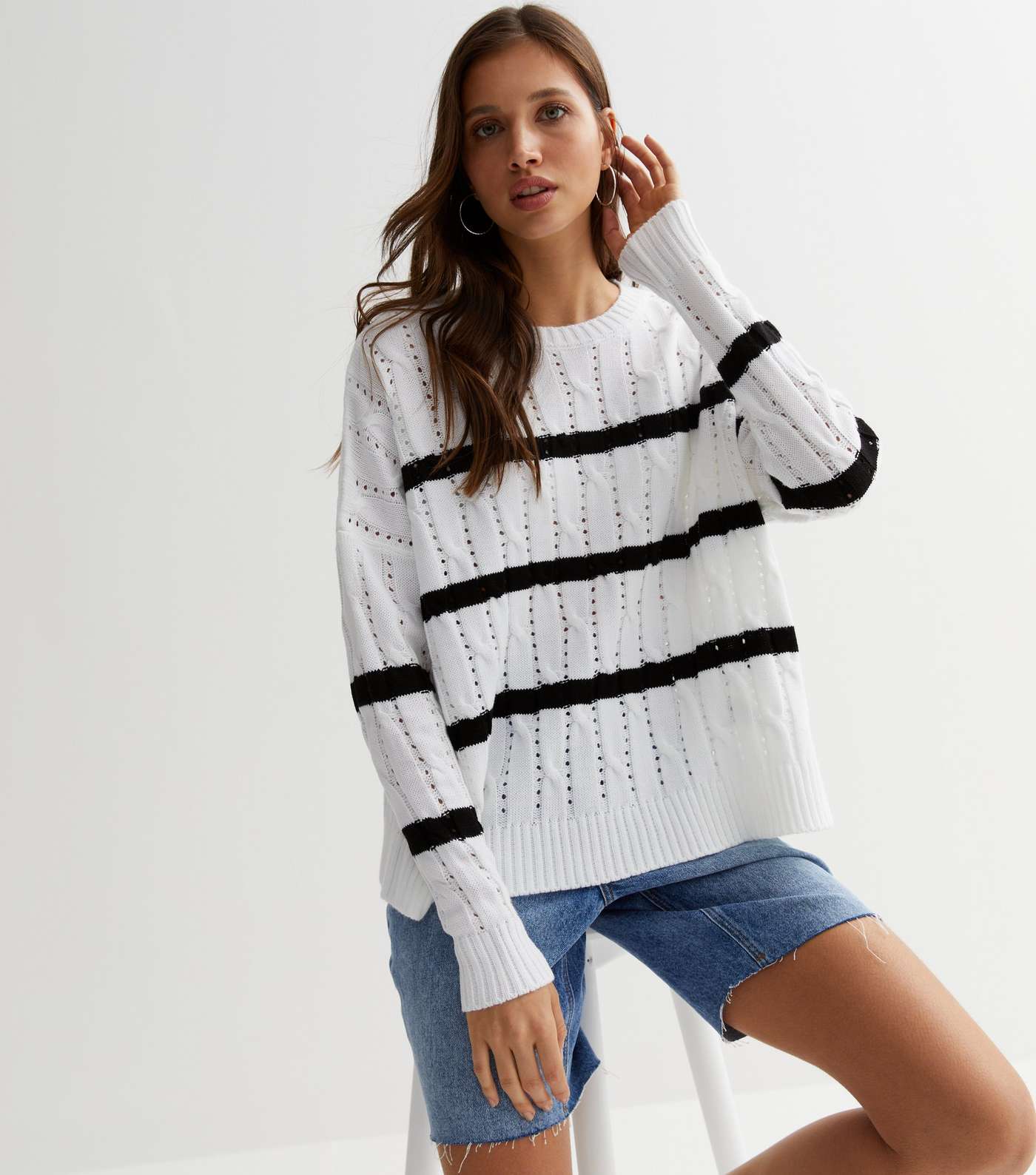 Off White Stripe Cable Knit Jumper Image 2