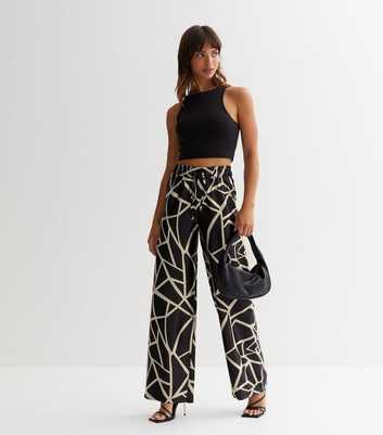 Black Abstract Satin Wide Leg Trousers
