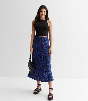 Influence Blue Zebra Print Satin High Waist Midi Skirt