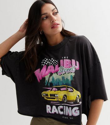 ONLY Black Malibu Racing Acid Wash Boxy Crop T-Shirt