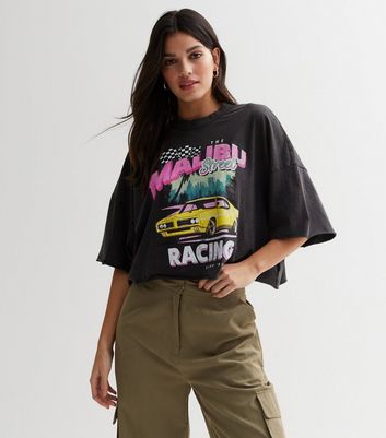 ONLY Black Malibu Racing Acid Wash Boxy Crop T-Shirt | New Look