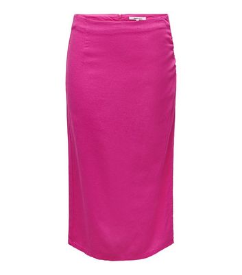 ONLY Bright Pink Linen Blend High Waist Midi Skirt New Look