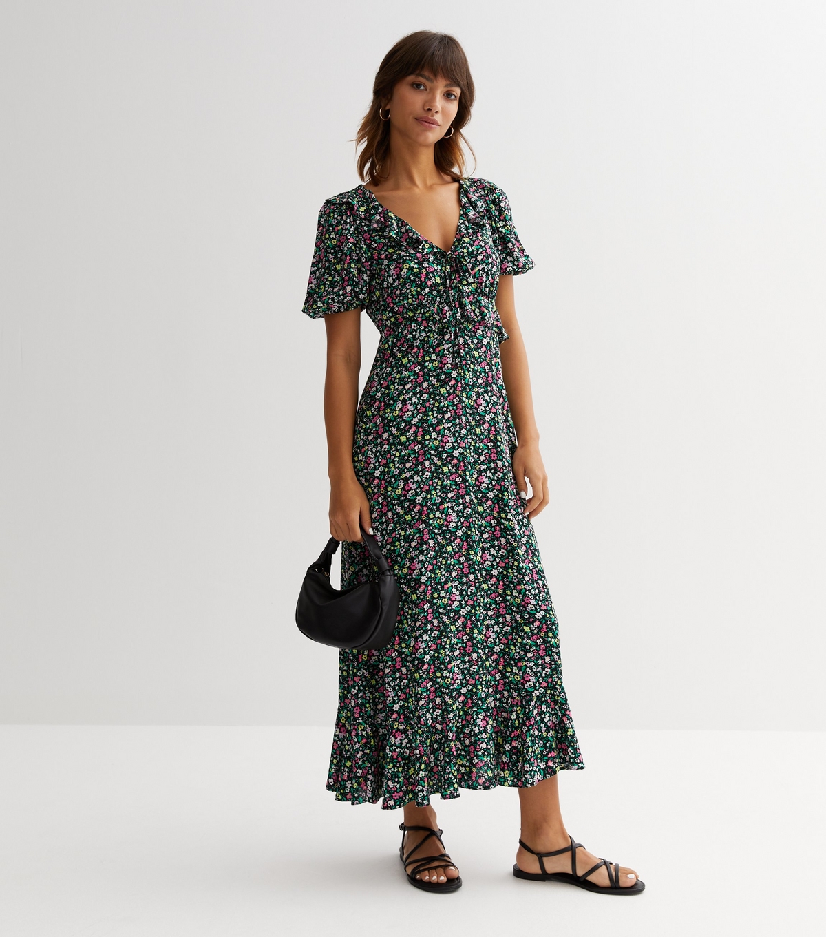 Women's Black Ditsy Floral Puff Sleeve Midaxi Dress New Look