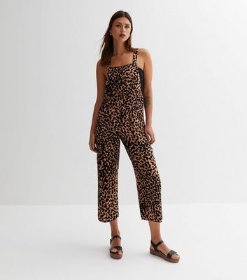 Brown Leopard Print Crop Dungaree Jumpsuit New Look