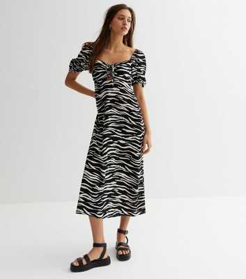 Black Zebra Print Puff Sleeve Midi Dress