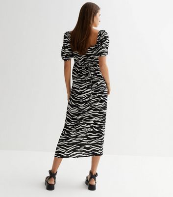 Black Zebra Print Puff Sleeve Midi Dress New Look