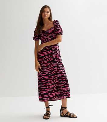 Pink Zebra Print Puff Sleeve Midi Dress