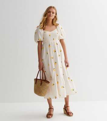 Off White Lemon Embroidered Shirred Midi Dress