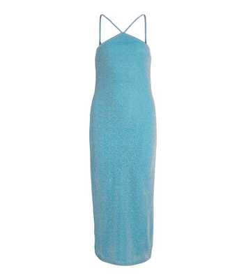 VILA Blue Glitter Halter Midi Dress