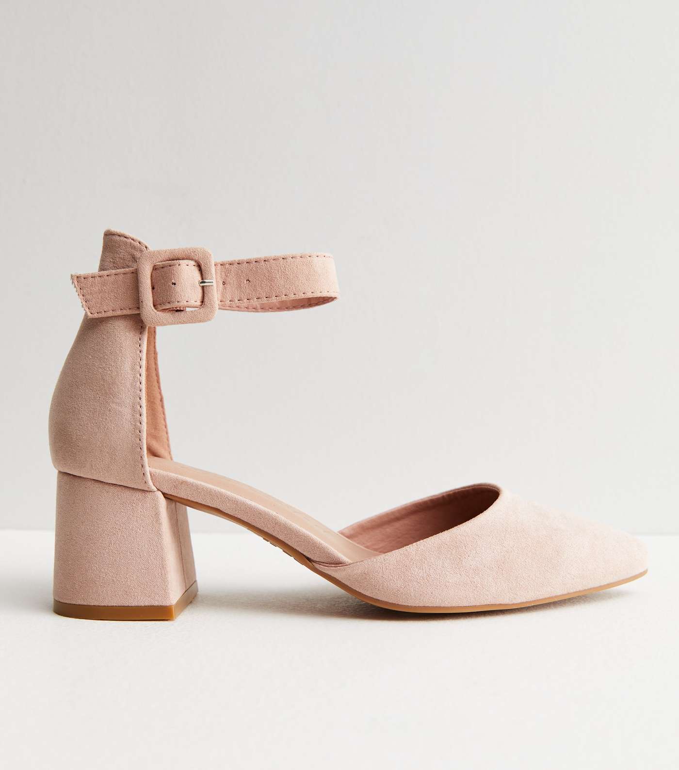 Pale Pink Suedette 2 Part Mid Block Heel Court Shoes Image 3