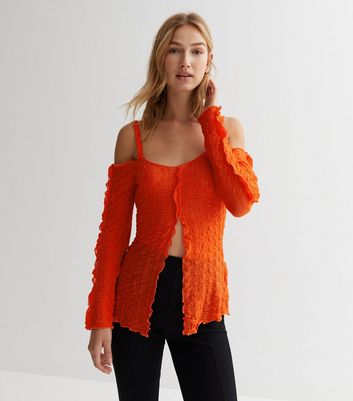 NEON & NYLON Bright Orange Textured Strappy Bardot Cardigan