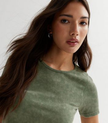 Khaki Acid Wash Ribbed Crew Neck Crop Top | New Look