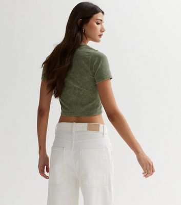 Khaki Acid Wash Ribbed Crew Neck Crop Top | New Look