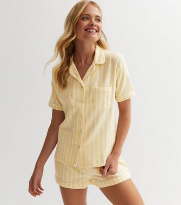 Yellow Cotton Short Pyjama Set with Stripe Print New Look