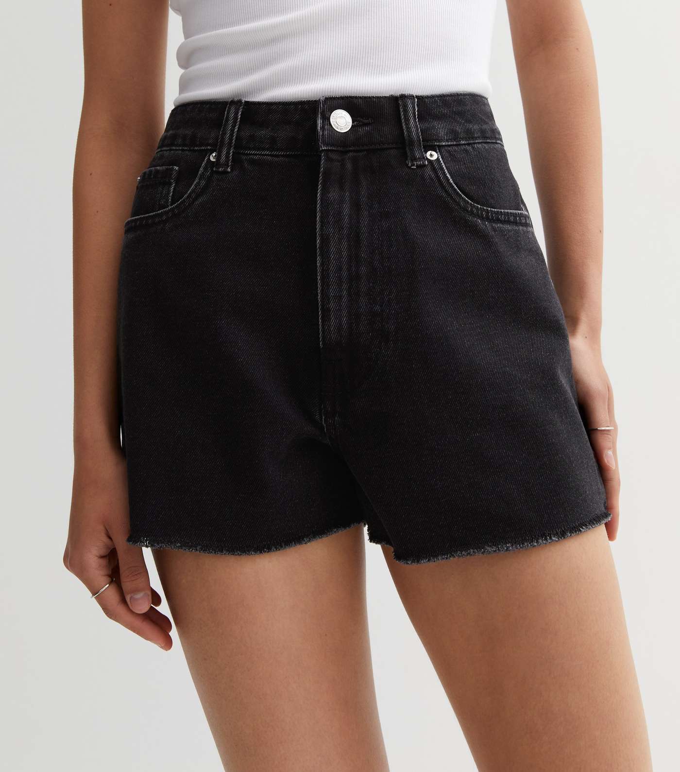 Black Cotton High Waist Frayed Denim Shorts Image 3