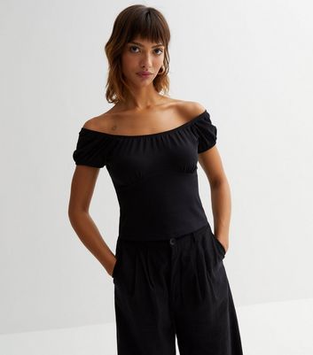Black Puff Sleeve Bardot Top