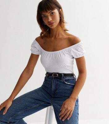 White bardot top with puff clearance sleeves