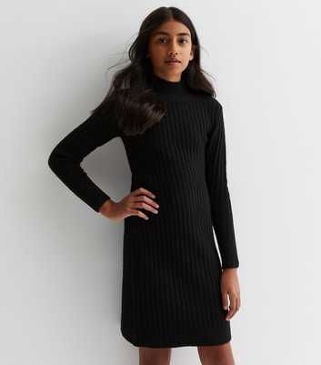 Girls Black Ribbed Knit High Neck Mini Dress