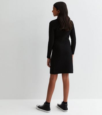 Girls Black Ribbed Knit High Neck Mini Dress New Look