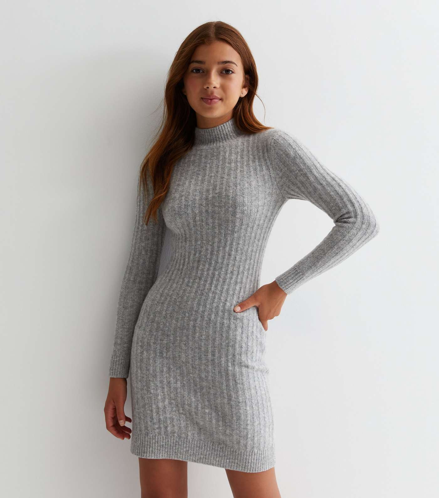 Girls Grey Ribbed Knit High Neck Mini Dress