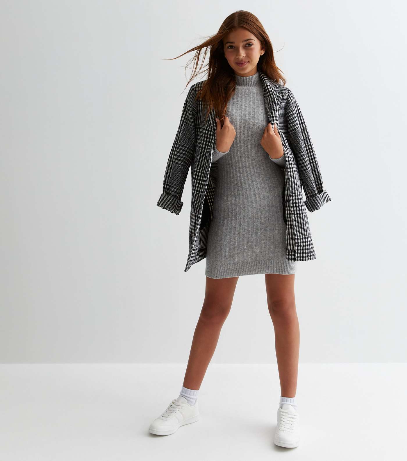 Girls Grey Ribbed Knit High Neck Mini Dress Image 3