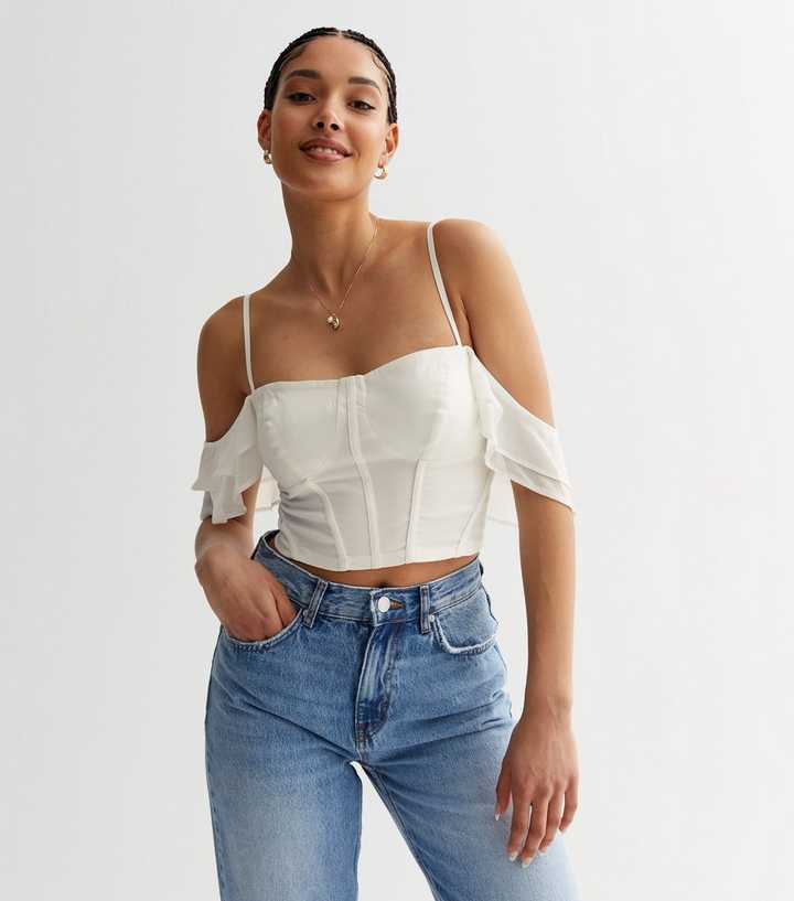 White Chiffon Ruffle Sleeve Corset Top | New Look