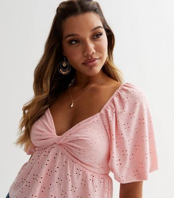 Pink Embroidered Twist Front Top New Look