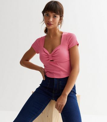 Bright Pink Ribbed Jersey Knot Front Top New Look