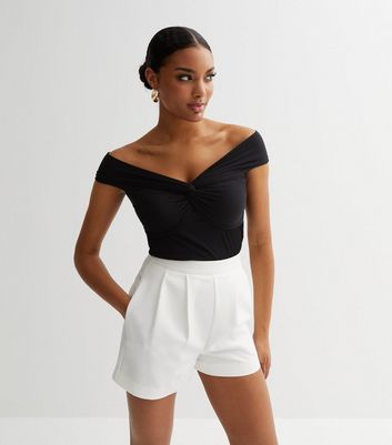 Black Ribbed Jersey Twist Front Bardot Top