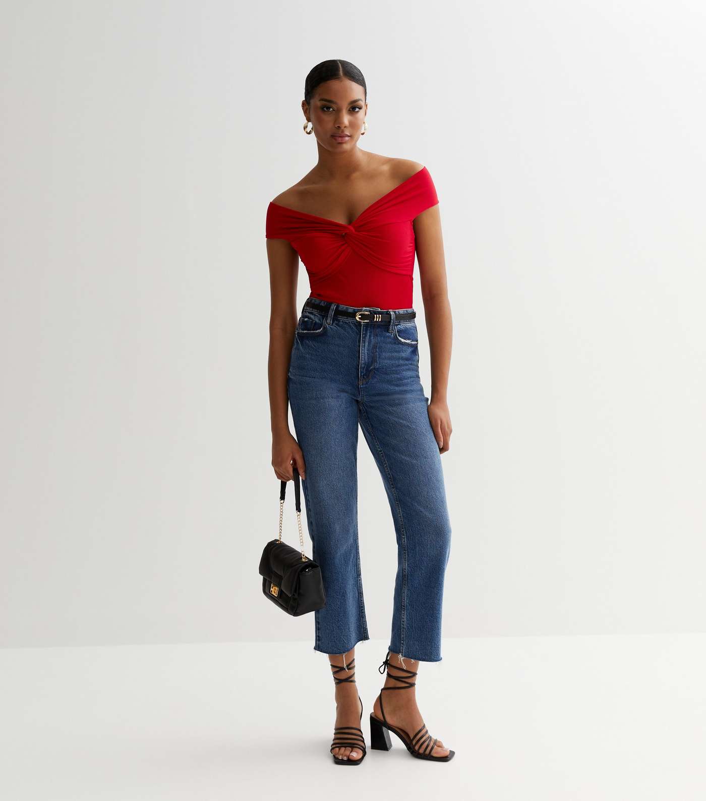Red Ribbed Jersey Twist Front Bardot Top Image 2
