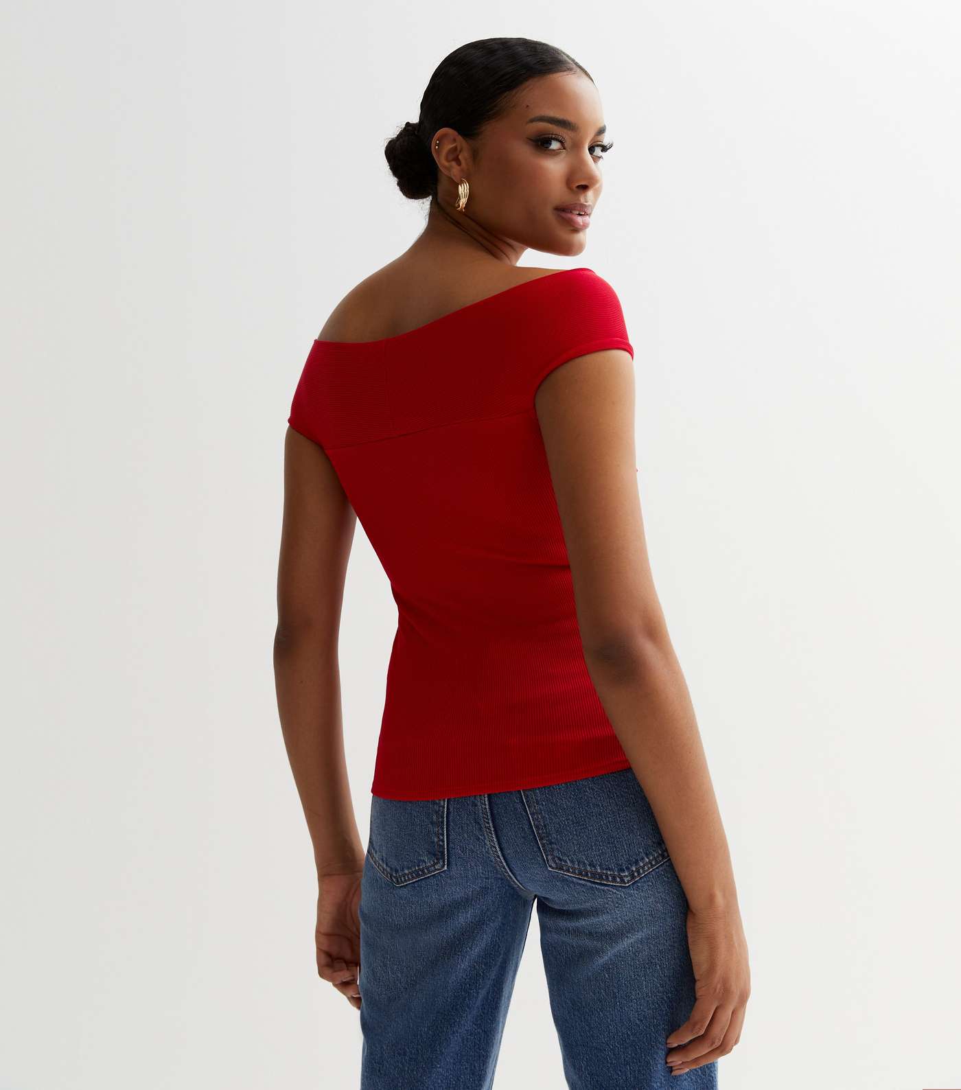 Red Ribbed Jersey Twist Front Bardot Top Image 4