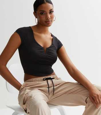 Black Ruched Notch Crop Top