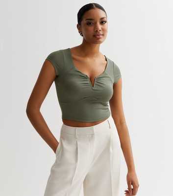 Olive Ruched Notch Crop Top